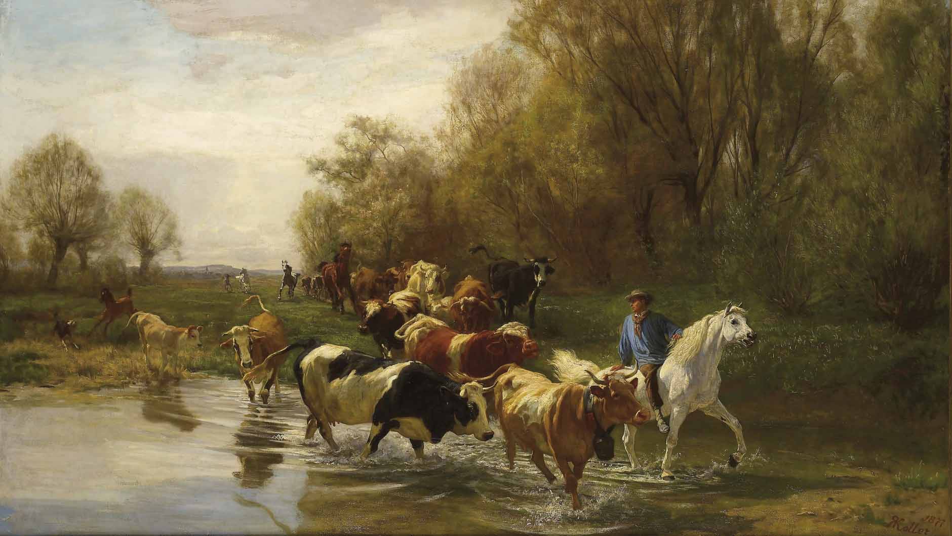 Kuhe mit Reiter am Wasser beim Zurichhorn